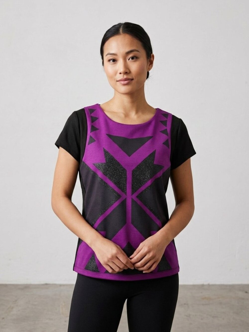 Worthington Black Purple‎ Geometric Top Large Short Sleeve Stretch Blouse EUC